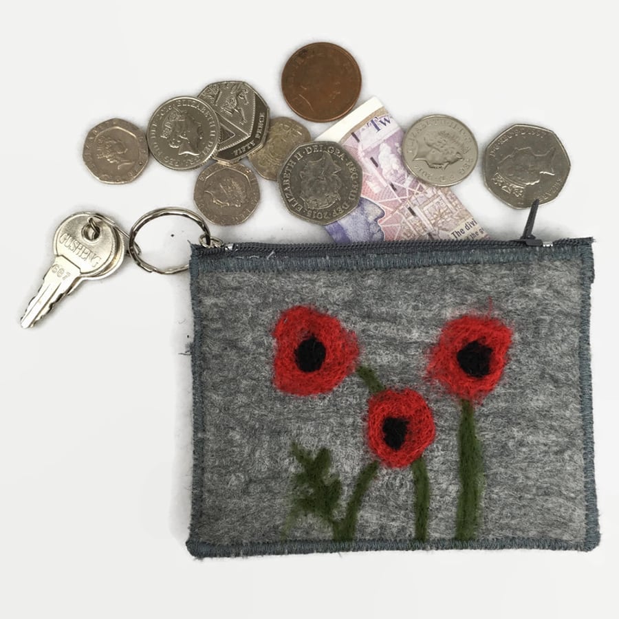 Poppy purse, grey with poppy design , integral keyring and external pocket
