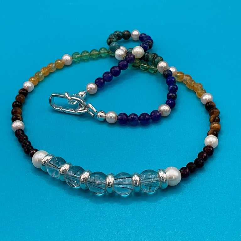 Multi-gem necklace with Chakra colours and sterling silver