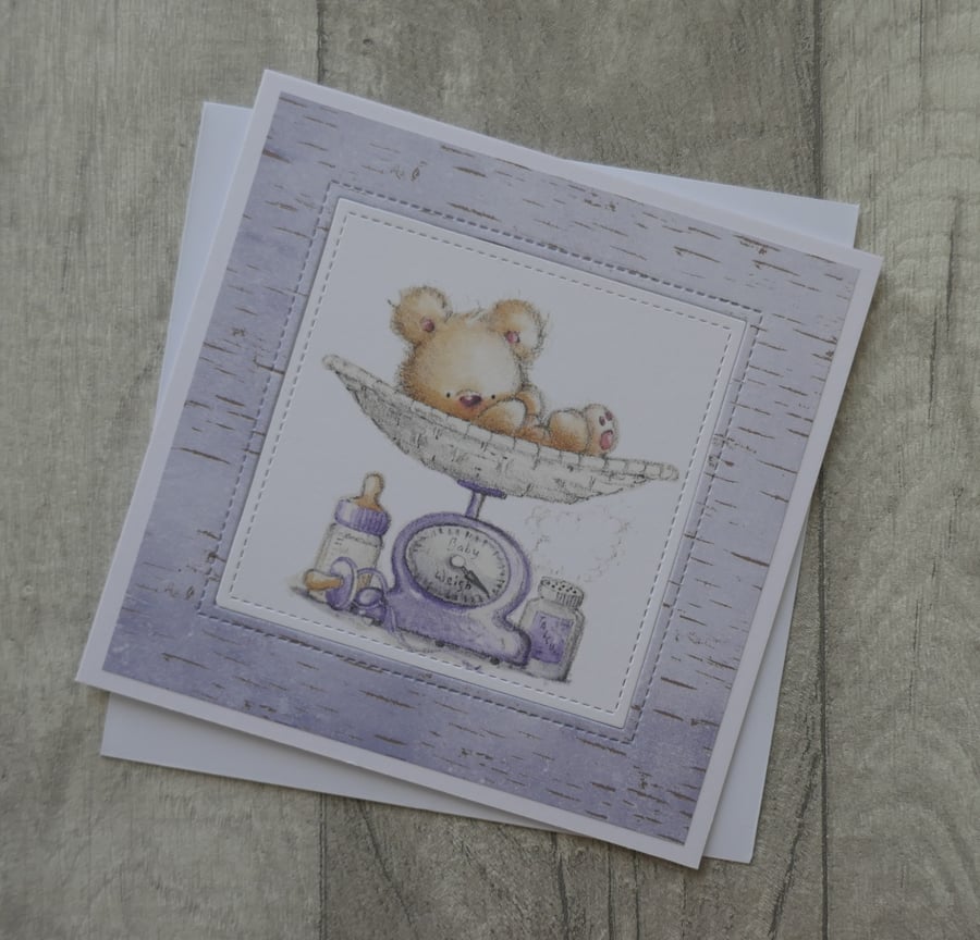 Cute Baby Bear on Lilac Scales - New Baby Card
