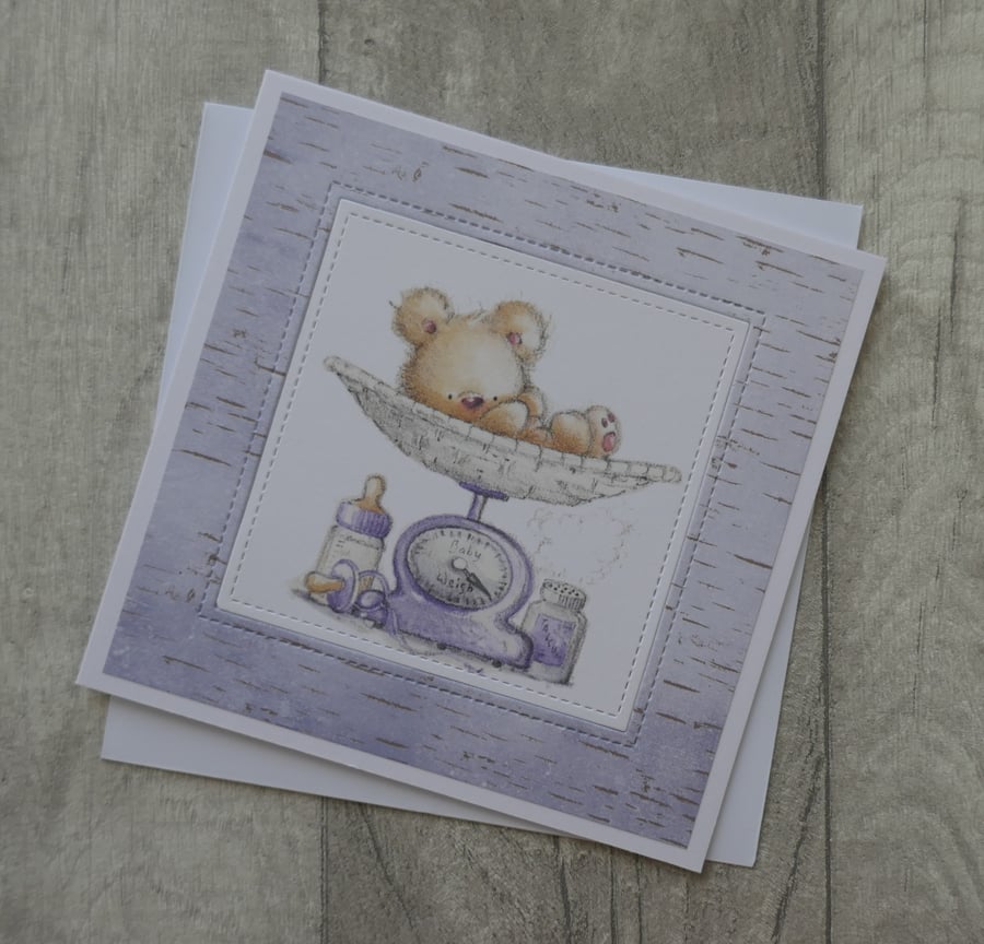 Cute Baby Bear on Lilac Scales - New Baby Card