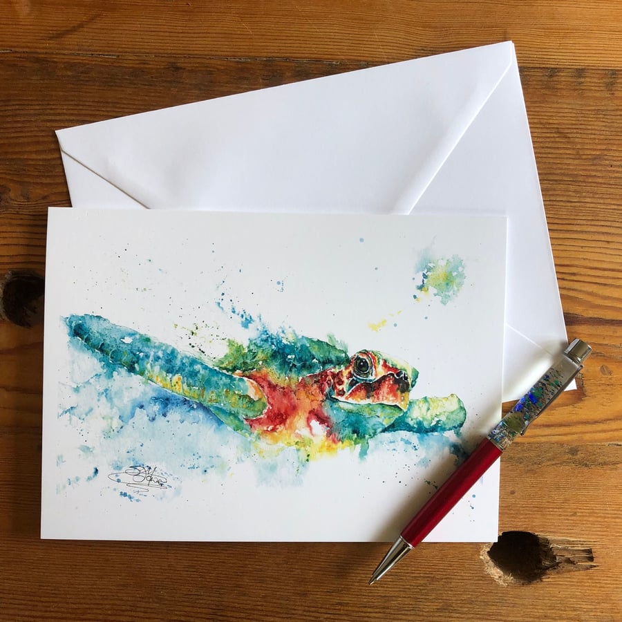 Turtle Card, Green Sea Turtle Watercolour Greetings Card, Wildlife Art Card, Bla