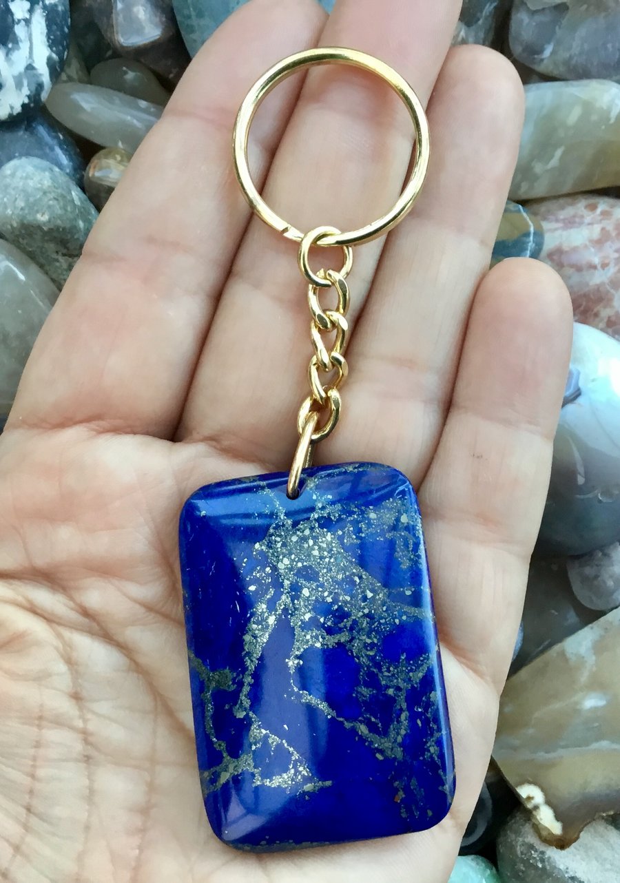 Midnight Gold!  Blue Lapis Lazuli Gemstone Keyring or Handbag Charm.