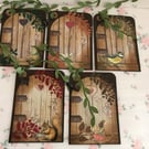 Set 5 Journal Cards Fairy Door Shape Wildlife Magical Tags Toppers Vintage 