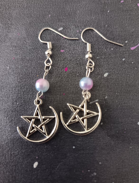 Silver pentacle charm dangle earrings with pastel faux pearl beads 