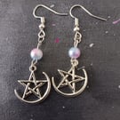 Silver pentacle charm dangle earrings with pastel faux pearl beads 
