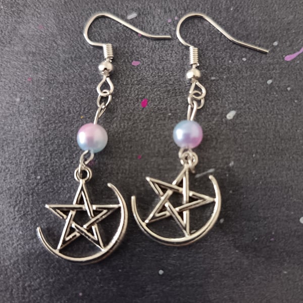 Silver pentacle charm dangle earrings with pastel faux pearl beads 