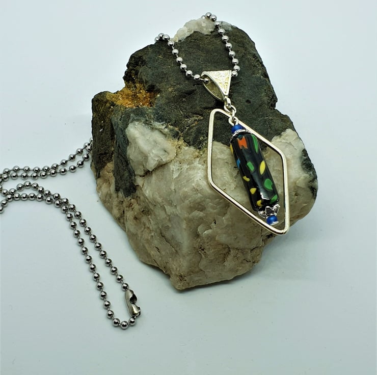 Glass Bead Pendant Diamond Metal Frame Black Folksy