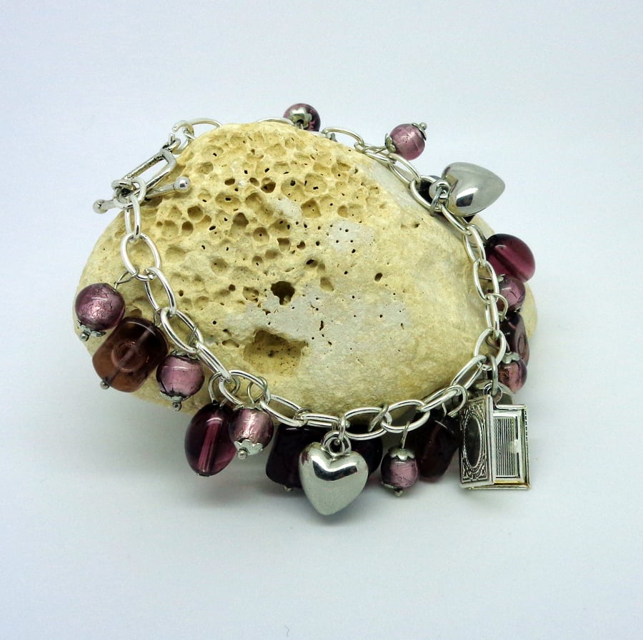 Charm bracelet, pink glass beads, hearts & locket "Someone special" 