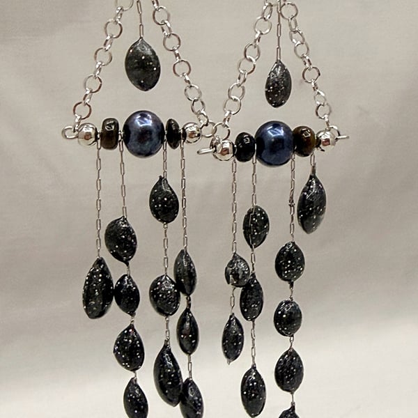 Midnight Pearl & Stardust Chandelier Earrings With Black Opals