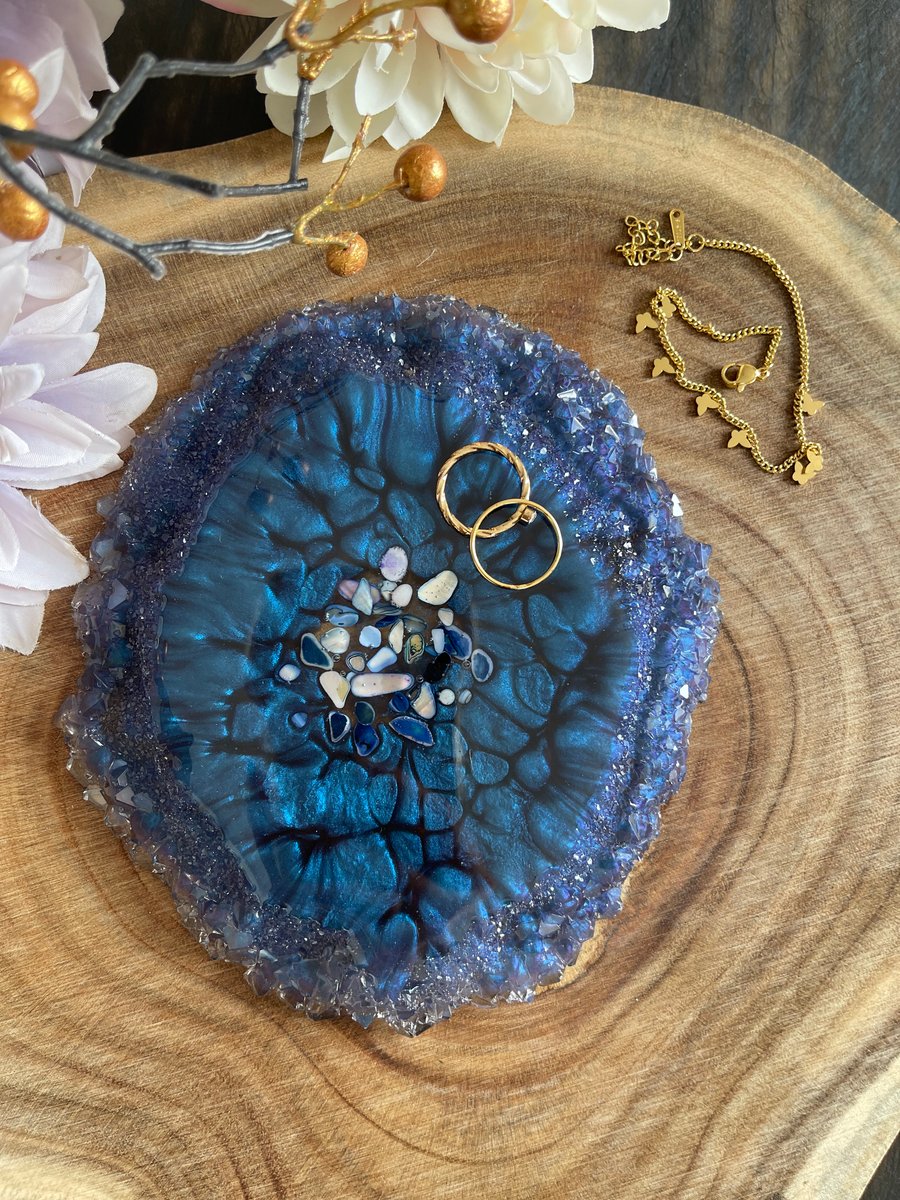 Handmade navy resin coaster with navy crystals, Luxury home decor 