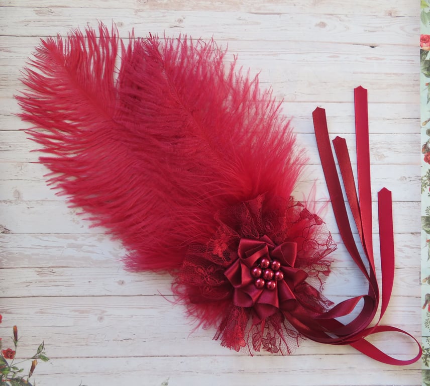 Burgundy Regency Feather Fascinator – Merlot Ostrich Feather & Ribbon Hair Clip