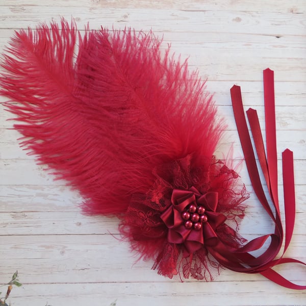 Burgundy Regency Feather Fascinator – Merlot Ostrich Feather & Ribbon Hair Clip