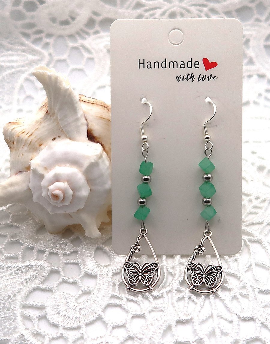 Jade Sterling Silver Butterfly Drop Earrings.  Free UK postage