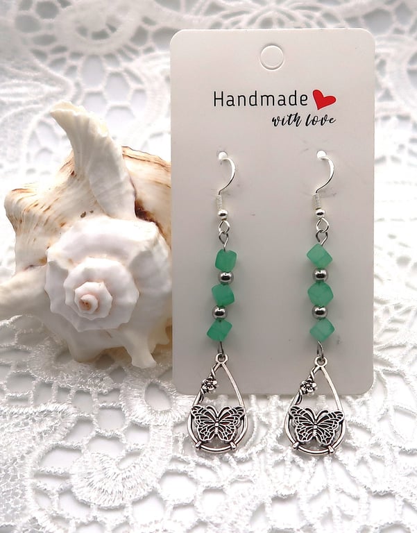 Jade Sterling Silver Butterfly Drop Earrings.  Free UK postage