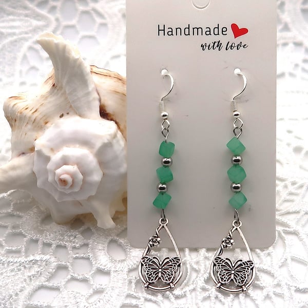 Jade Sterling Silver Butterfly Drop Earrings.  Free UK postage