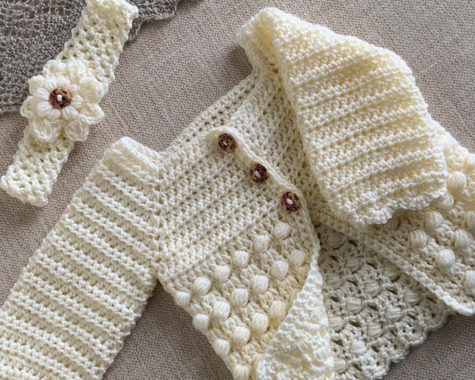 Hand Crochet Baby Cardigan Set – Cream 0–3 Months, Cardigan & Headband
