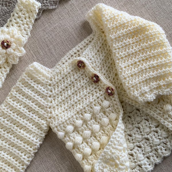 Hand Crochet Baby Cardigan Set – Cream 0–3 Months, Cardigan & Headband