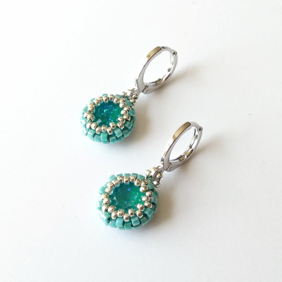 Huggies Hoop Crystal Earrings in Turquoise and Silver