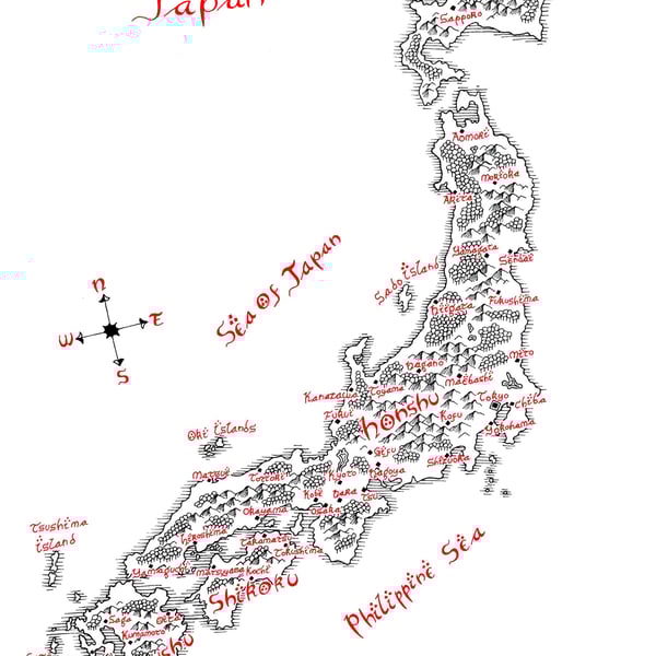 Map of Japan Hand Drawn Tolkien Style Map Artwork