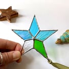 Iridescent teal blue and textured wispy green stained glass star
