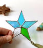 Iridescent teal blue and textured wispy green stained glass star - Image 1