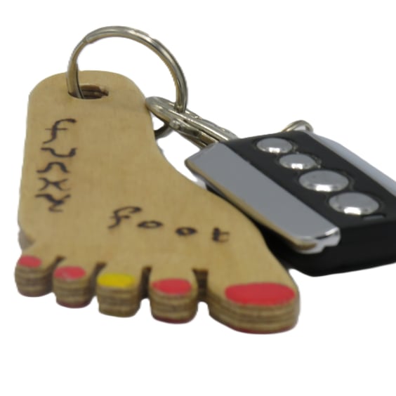Funky Foot key fob in Birch plywood with red and yellow nails – SKU-FF3