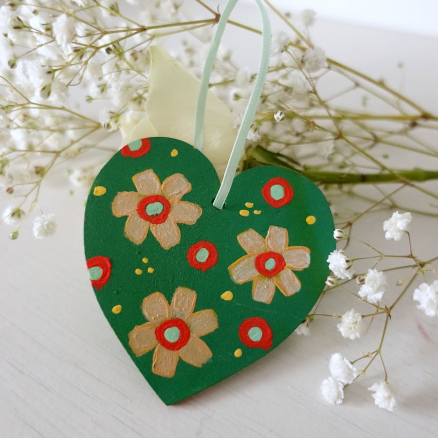 Green Hanging Heart with Yellow Flowers, Valentine's Latterbox Gift, Handpainted