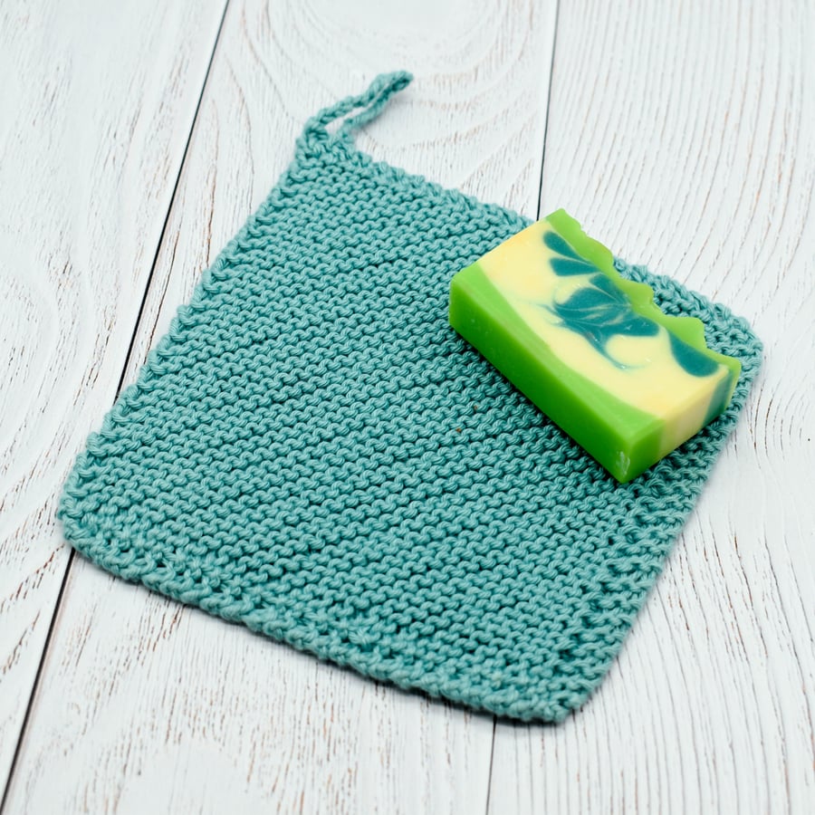 Hand knitted cotton wash cloth - turquoise