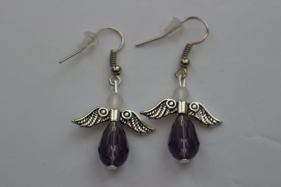 Silver plated beaded earrings- silver Christmas angel delicate purple