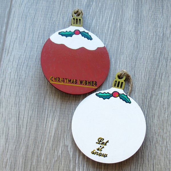 Christmas pudding and snowball hanging decorations