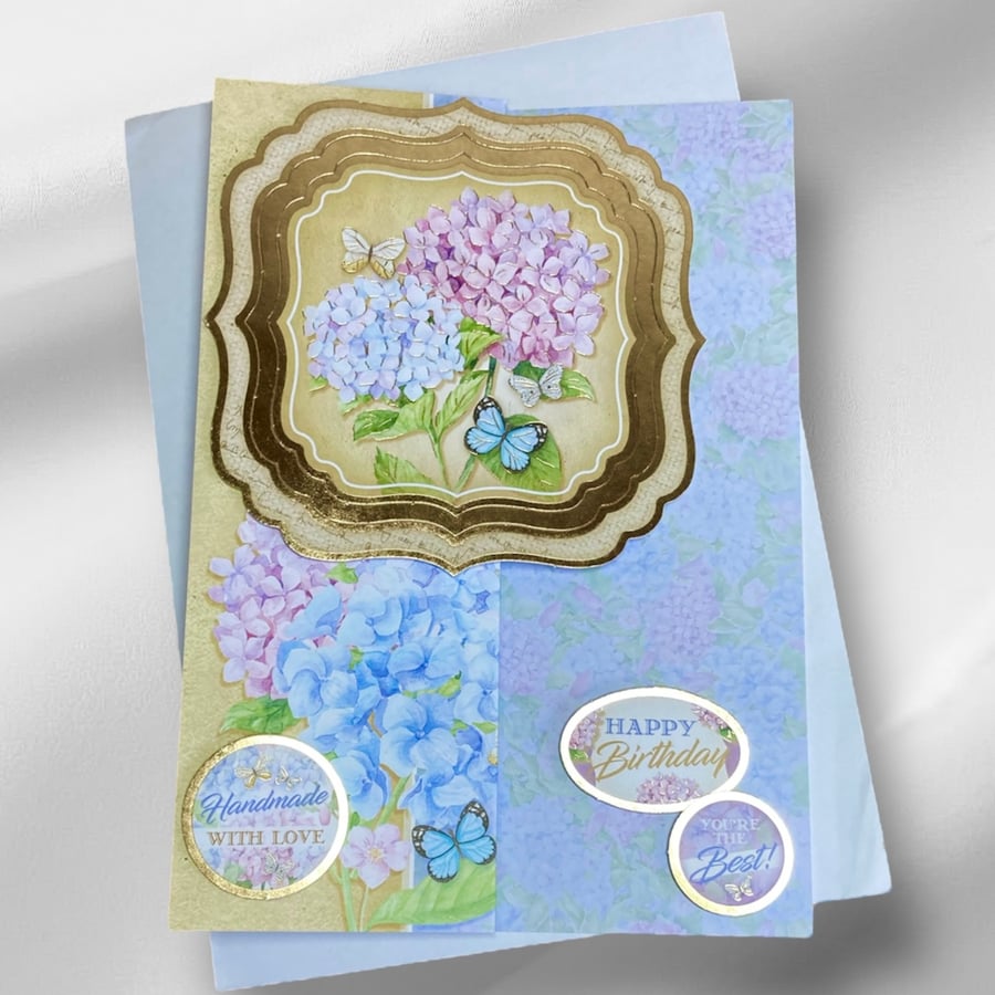 Zig Zag Floral Birthday Card. Hydrangea Birthday Card.
