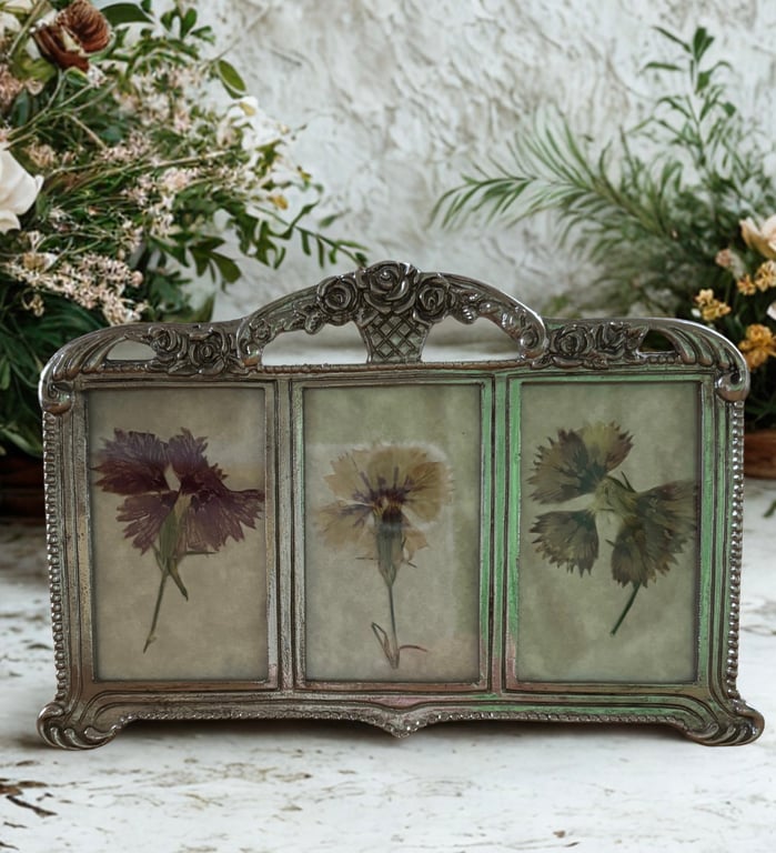 Pressed Dianthus in a vintage silver plated triple frame