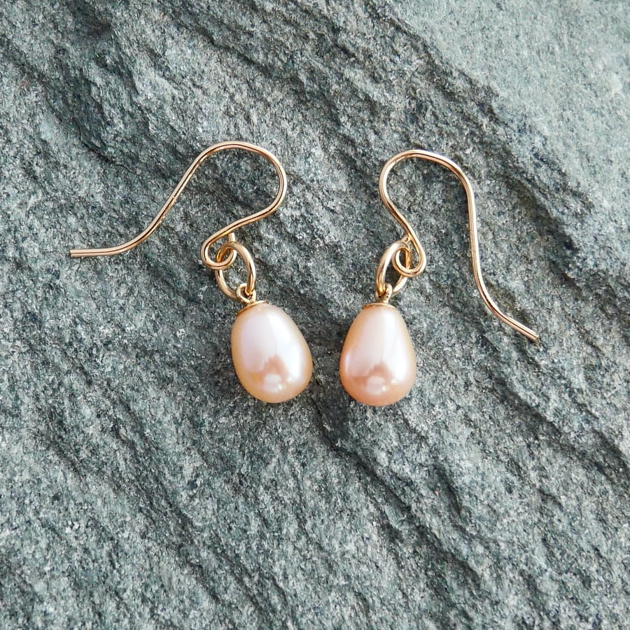 Delicate Peach Half Drilled Pearl Earrings on 14k Gold Filled Bails and Hooks