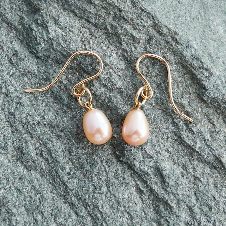 Delicate Peach Half Drilled Pearl Earrings on 14k Gold Filled Bails and Hooks