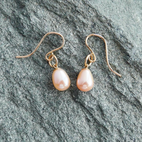 Delicate Peach Half Drilled Pearl Earrings on 14k Gold Filled Bails and Hooks