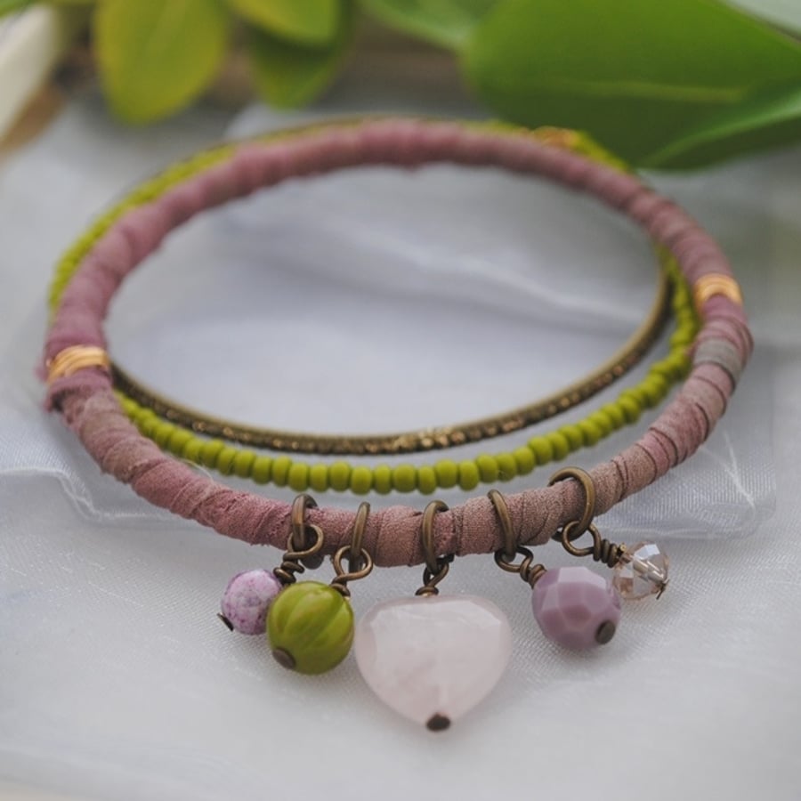 Sari bangle charm bracelet set with rose quartz