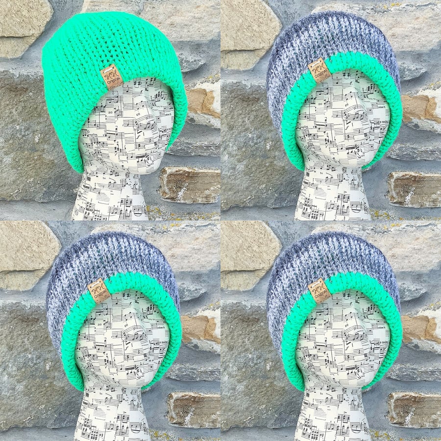 Reflective Hat. Green Hat. Grey Hat. Reversible Hat. Woolly Hat. Knitted Hat.