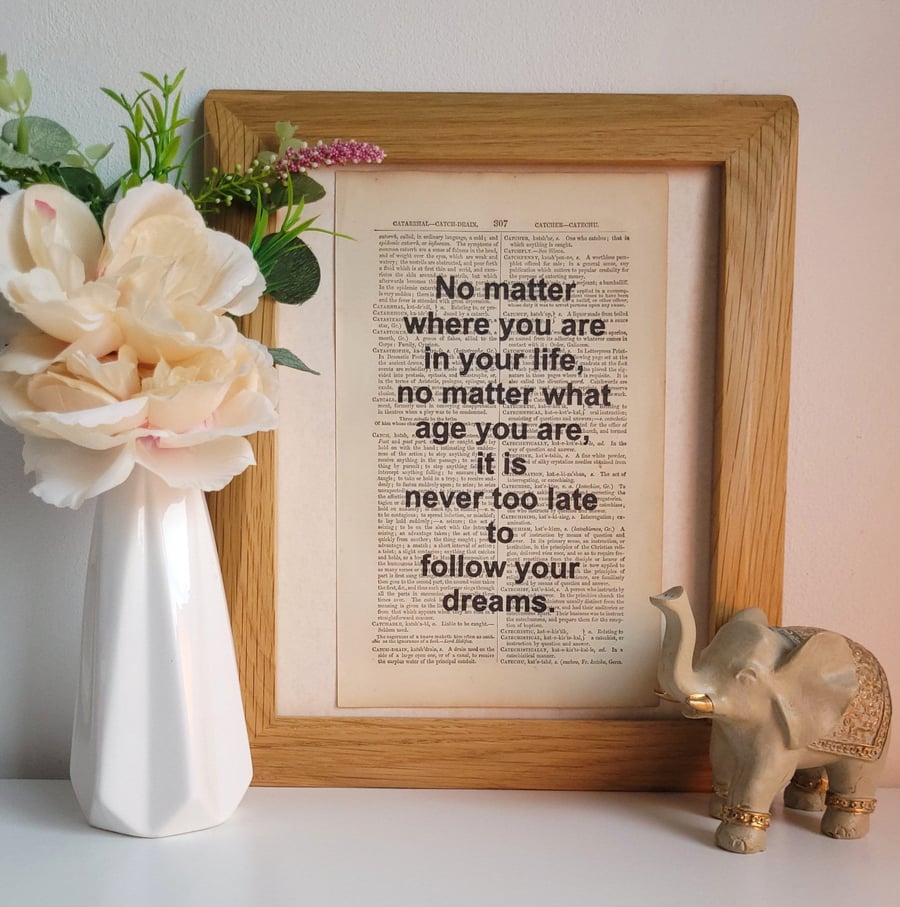 Unframed 1800s Dictionary Page Quote Print - "Follow Your Dreams" - Print Only