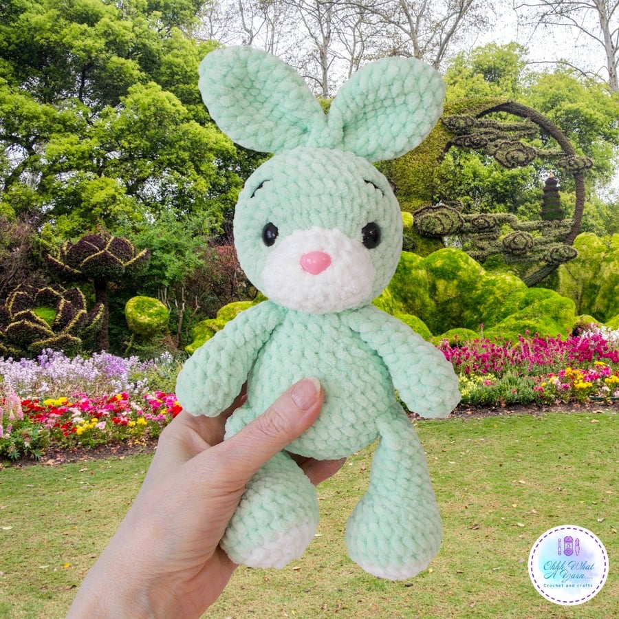 Green crochet plush bunny soft toy. Rabbit soft toy and boots set. UKCA tested.