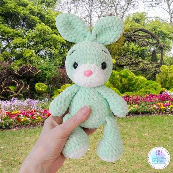 Green crochet plush bunny soft toy, or bunny and boots set. UKCA tested.