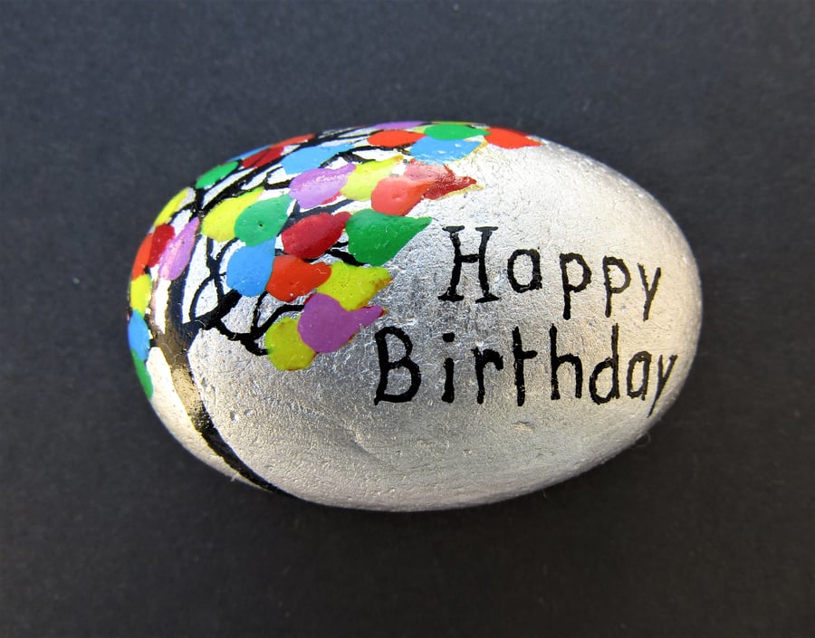 Birthday Gift, Painted Pebble, Rainbow Tree Painting, Stone Art, Happy Birthday