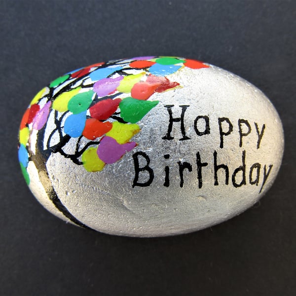Birthday Gift, Painted Pebble, Rainbow Tree Painting, Stone Art, Happy Birthday