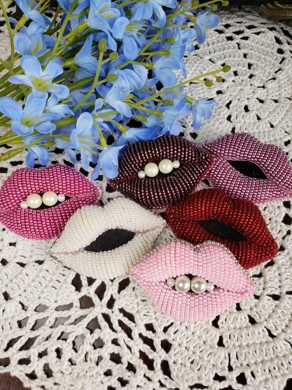 Handmade Brooch Embroidered Beaded Lips