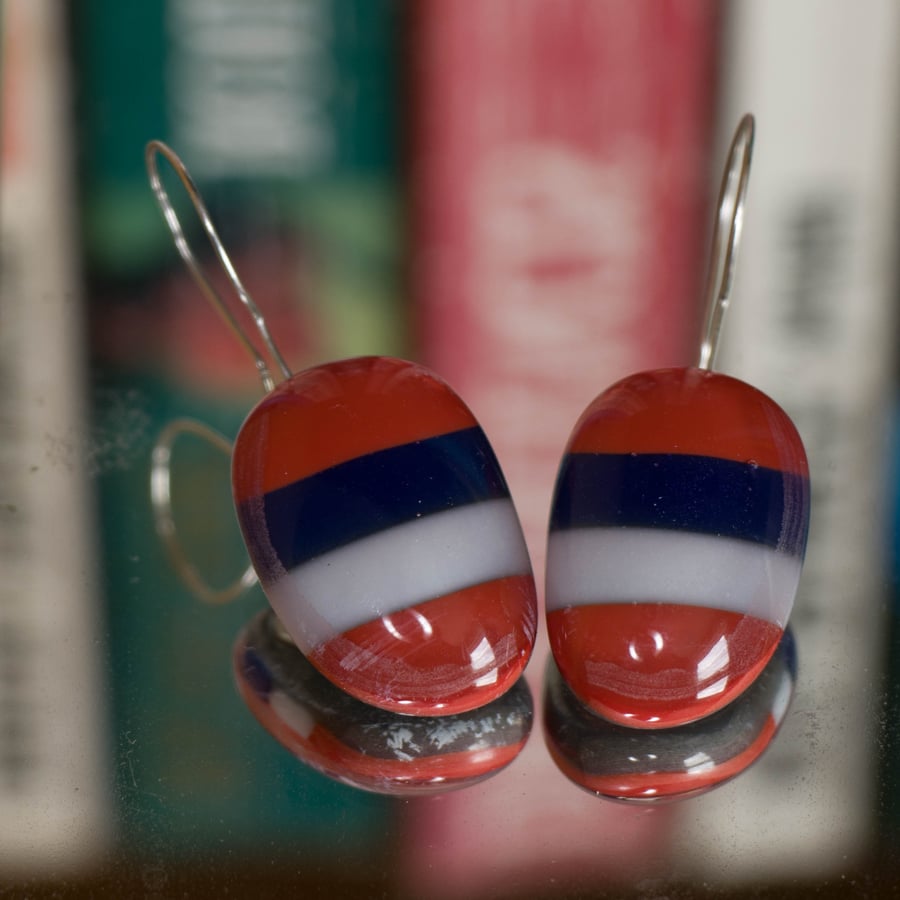 Red, White and Blue Fused Glass Earrings on Sterling Silver Wires - 2091