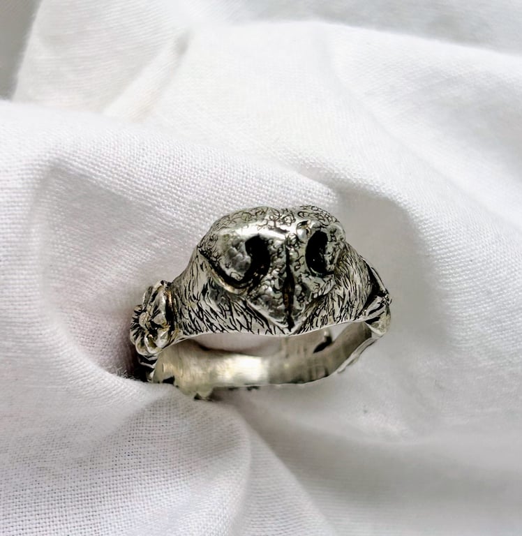 Dog's nose and flowers ring - Hand carved, Sterling Silver