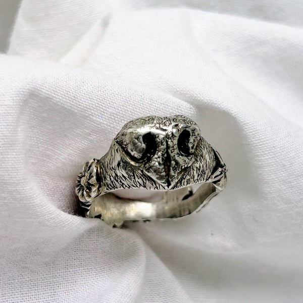 Dog's nose and flowers ring - Hand carved, Sterling Silver