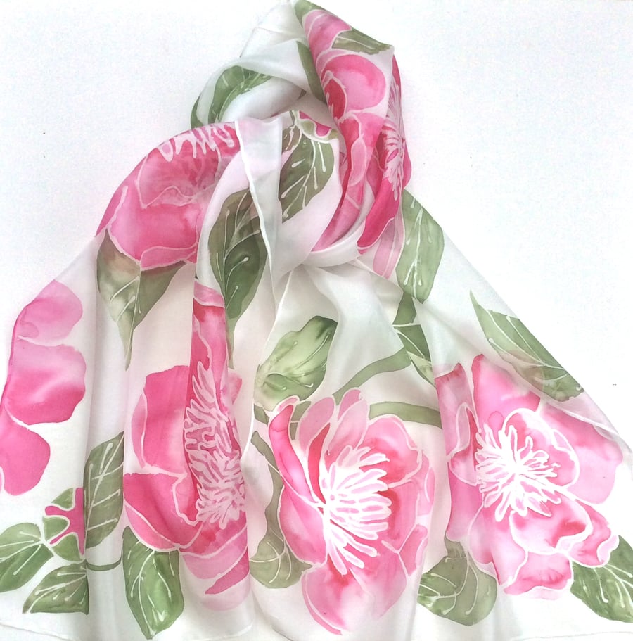 Pink Peony  hand painted silk scarf