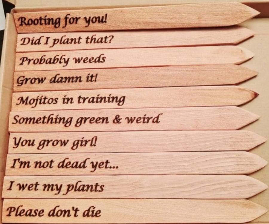 Funny Plant Markers, Laser Engraved Cedar Wooden Plant stakes, 5th anniversary