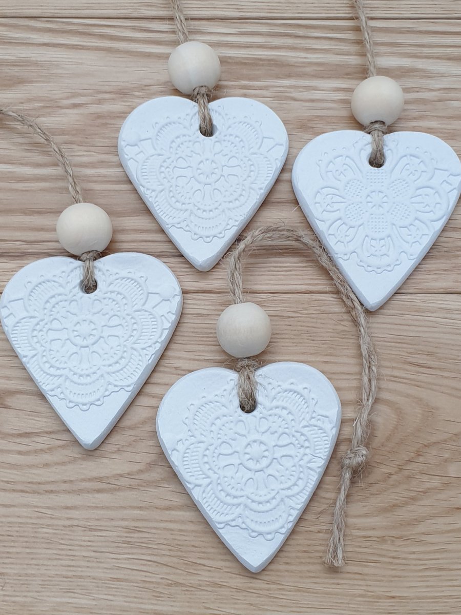 4 Clay heart gift tags, white hearts for wedding, anniversary or valentines