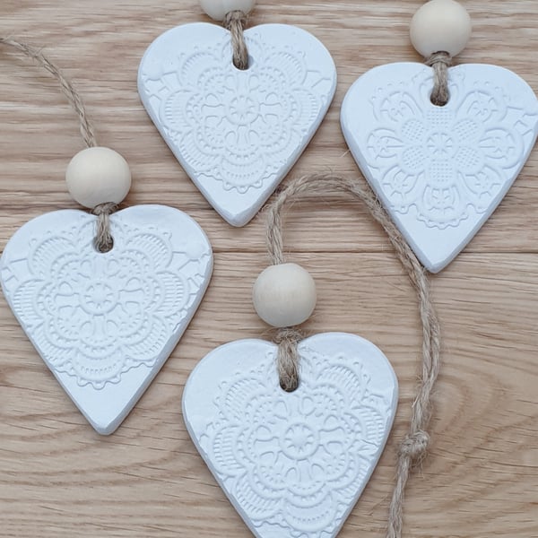 Clay heart gift tags, white hearts for wedding, anniversary or valentines